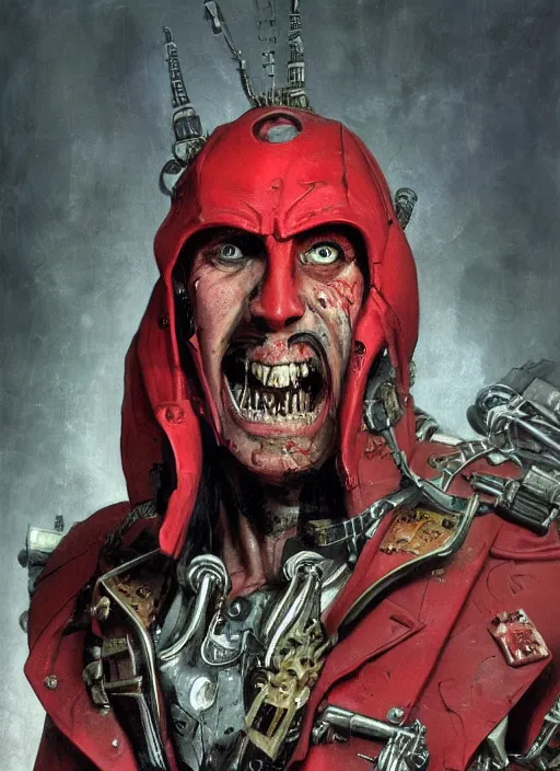 Prompt: portrait of rotten Nicolas Cage as adeptus mechanicus in red hood and robe from Warhammer 40000. Highly detailed, artstation, illustration by and John Blanche and zdislav beksinski and wayne barlowe