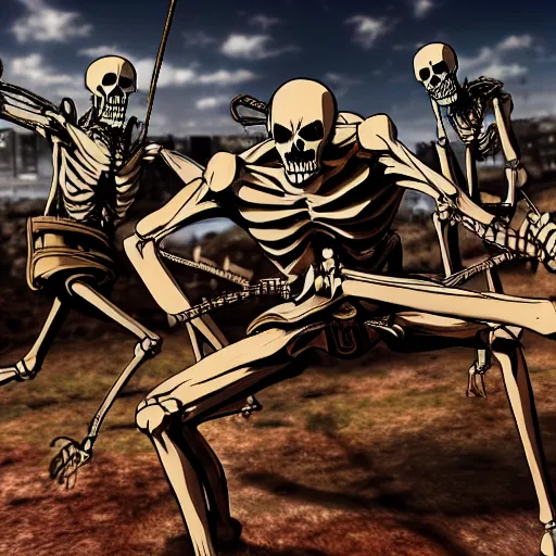 Prompt: attack on titan skeleton fight highly detailed 4k concept art