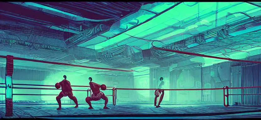 Image similar to handmade illustration of futuristic boxing ring, line art, octane render with volumetric lighting, watercolor by Kilian Eng and by Jake Parker, olympic weight room in bladerunner dystopia future, neon radioactive swamp