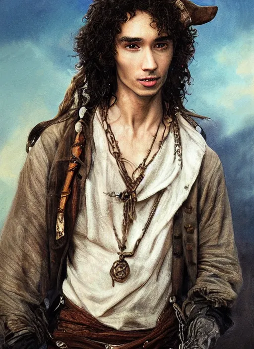 Image similar to a beautiful painting portrait of Robert Sheehan in Pirates of the Carribean 6, matte painting, fantasy art, dark but detailed digital art, highly detailed, a masterpiece trending on artstation. Robert Sheehan as a young but messy pirate and layabout