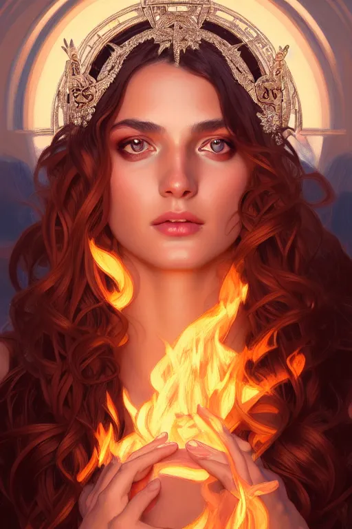 Prompt: portrait of beautiful greek goddess, eyes ablaze with silver fire, by terry o'neill intricate, elegant, highly detailed, digital painting, glistening skin, artstation, concept art, smooth, sharp focus, bright lighting, illustration, art by artgerm and greg rutkowski and alphonse mucha, 8 k