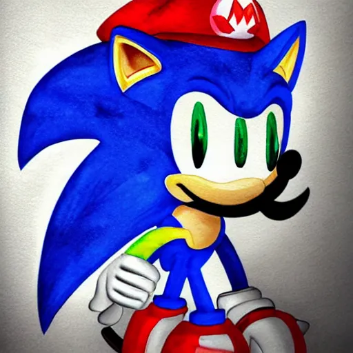 Prompt: Sonic in the style of Mario, with a mustache, beautiful watercolor art drawing, in the style of artist Simon Stalenhag s-90 - C 7