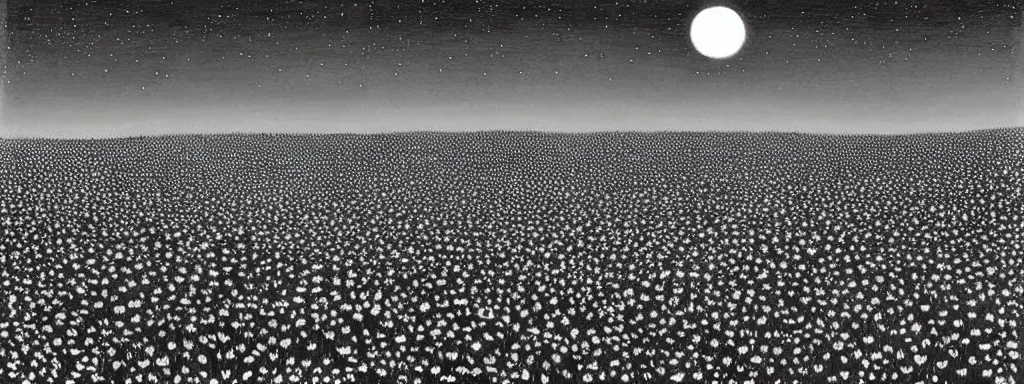 Image similar to A serene flower field at night by Kentaro Miura, highly detailed, black and white