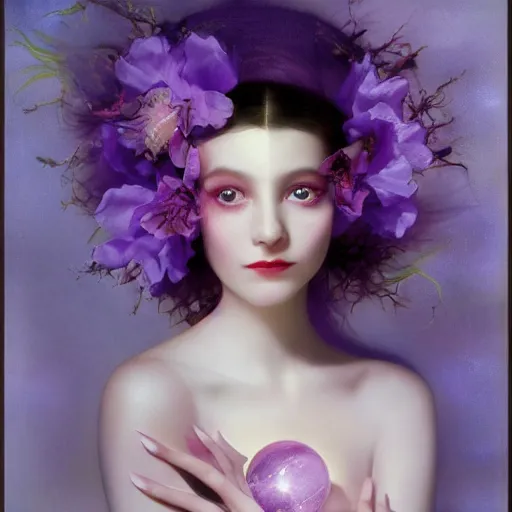 Image similar to a girl with three eyes : : on 5 translucent luminous spheres, full of floral and berry fillings, in an ocean of lavender color by rolf armstrong, monia merlo