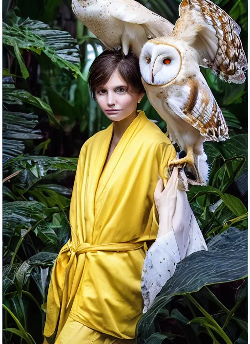 Image similar to amazing portrait photograph of beautiful young female model, symmetric face, symmetric eyes, slight smile, natural light,wearing a yellow kimono with a very detailed barn owl on her shoulder!!! in a tropical greenhouse. looking at the camera!!. super resolution. Extremely detailed. art by Rineke Dijkstra.