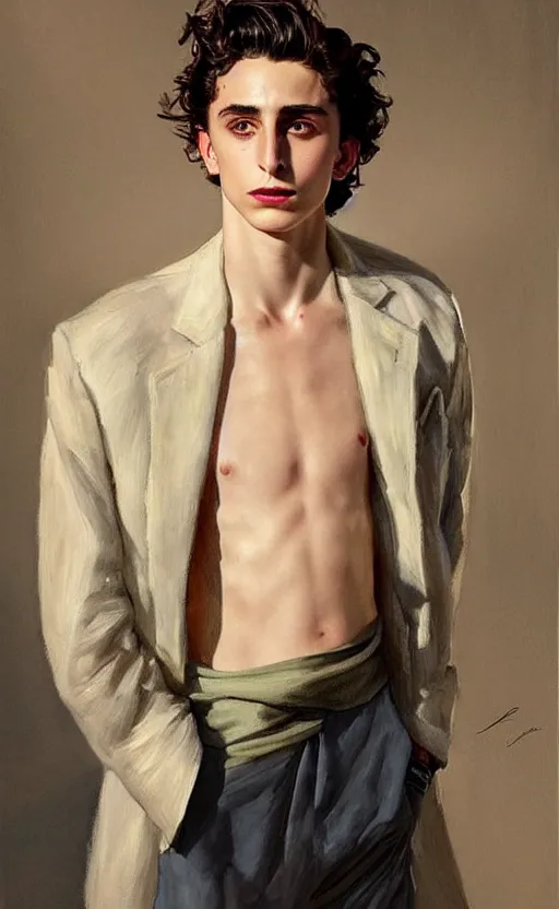 Image similar to Timothee Chalamet, the most beautiful androgynous man in the world, intense painting, sunny day at beach, tropical island, +++ super supper supper dynamic pose,  digital art, j.c. leyendecker