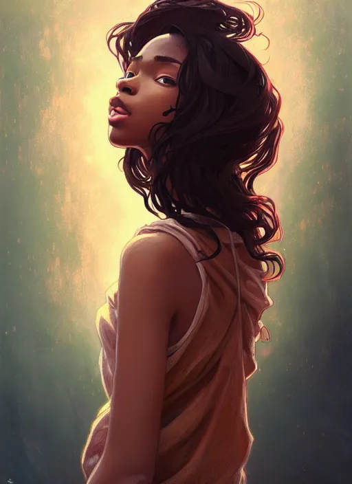 Image similar to handsome young black women with shoulder length brown hair, half body shot, path traced, highly detailed, high quality, digital painting, alena aenami, lilia alvarado, shinji aramaki, karol bak, alphonse mucha, tom bagshaw