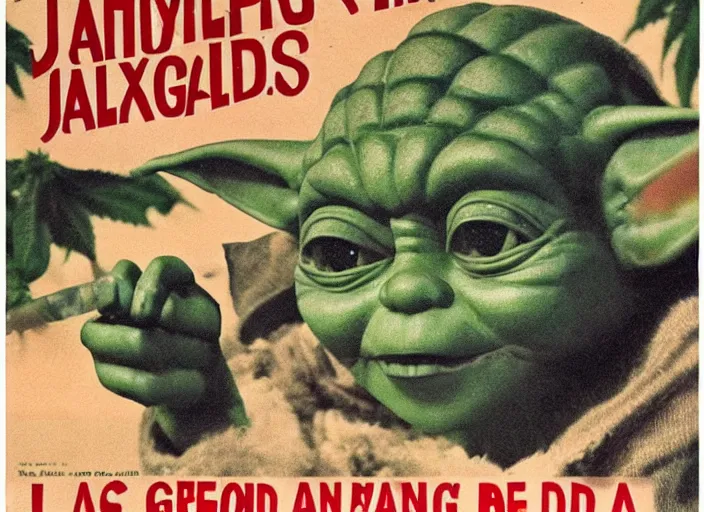 Image similar to vintage travel advertisement for jamaica, of yoda made out of green cannabis sativa, smoking a bong