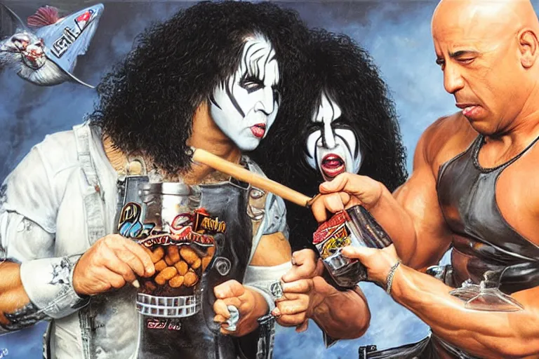 Image similar to vin diesel pouring baked beans into the mouth of paul stanley in kiss makeup, an oil painting by ross tran and thomas kincade