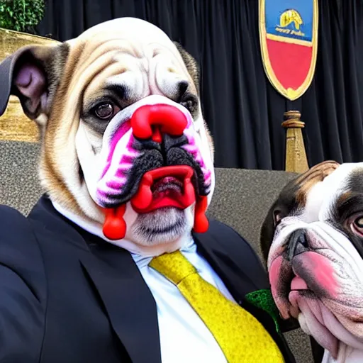 Prompt: a president with bulldog face and clown makeup taking a selfie in a podium next to an angry first minister