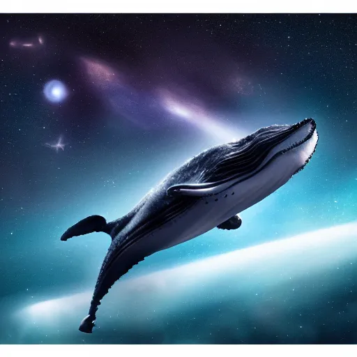 Image similar to portrait of whale swimming on a dark night sky in space, flying across the universe, galaxies, oniric, dreamy, beautiful, highly detailed, realistic, cinematic, dynamic composition, trending on artstation
