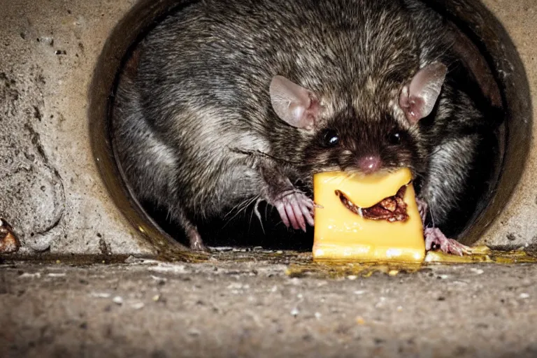 Prompt: a mutant disgusting rat eating cheese in a sewer, photograph, terror, horror, mutant,