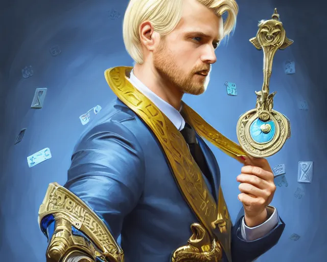 Prompt: photography of a blonde man in a blue suit with medals on it wielding a sword and pistol, deep focus, d & d, fantasy, intricate, elegant, highly detailed, digital painting, artstation, concept art, matte, sharp focus, illustration, hearthstone, art by artgerm and greg rutkowski and alphonse mucha