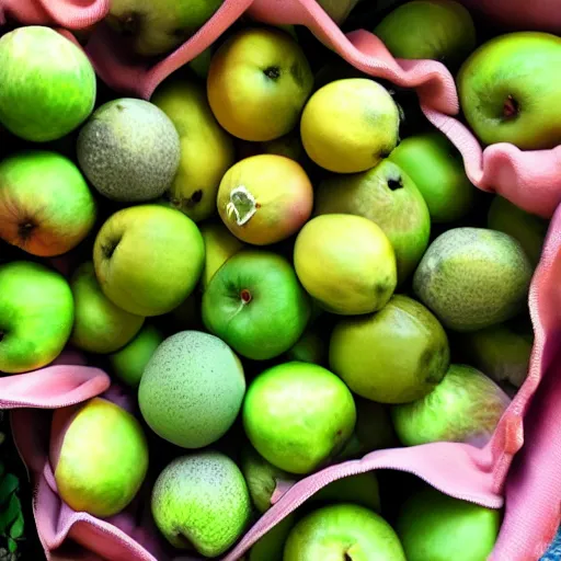 Image similar to one green apple in the middle of a bunch of pink lemons