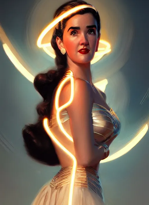 Prompt: portrait of 1 9 5 0 s darna, young jennifer connelly, intricate, elegant, glowing lights, highly detailed, digital painting, artstation, glamor pose, concept art, smooth, sharp focus, illustration, art by wlop, mars ravelo and greg rutkowski