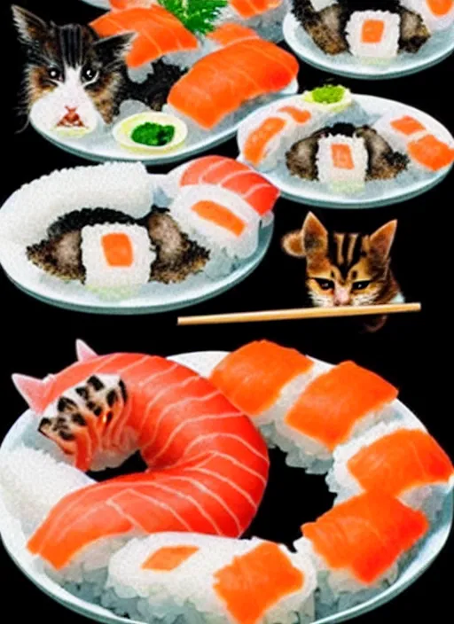 Prompt: clear photorealistic picture of adorable cats made out of sushi. some cats eating sushi