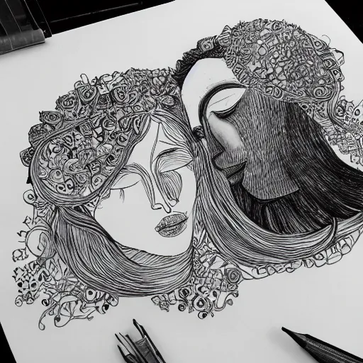 Prompt: lovers, detailed intricate sketch, 4k, illustration, cross hatched, black ink on white paper