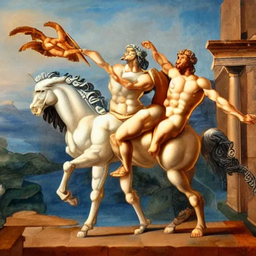 Image similar to painting of Centaur and Pegasus at the Acropolis, Greek gods, Zeus, Poseidon, Aphrodite, intricate, high detail, sensual, in the style of Michaelangelo