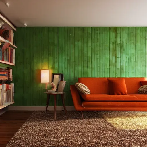 Prompt: 1 9 7 0 s interior, living room, retro, vintage, architecture, wood panel walls, green shaggy carpet, orange and brown touches, realistic, natural lighting