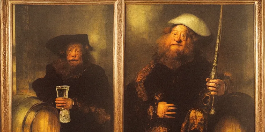 Prompt: happy trappist holding massive barrel beer stein, portrait, by rembrandt