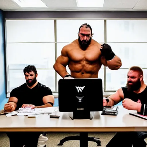 Prompt: professional wrestlers scattered around a small office room and all of them are helping do taxes and accounting, WWE, wrestlers, office room, bright lighting, messy desks, digital photo