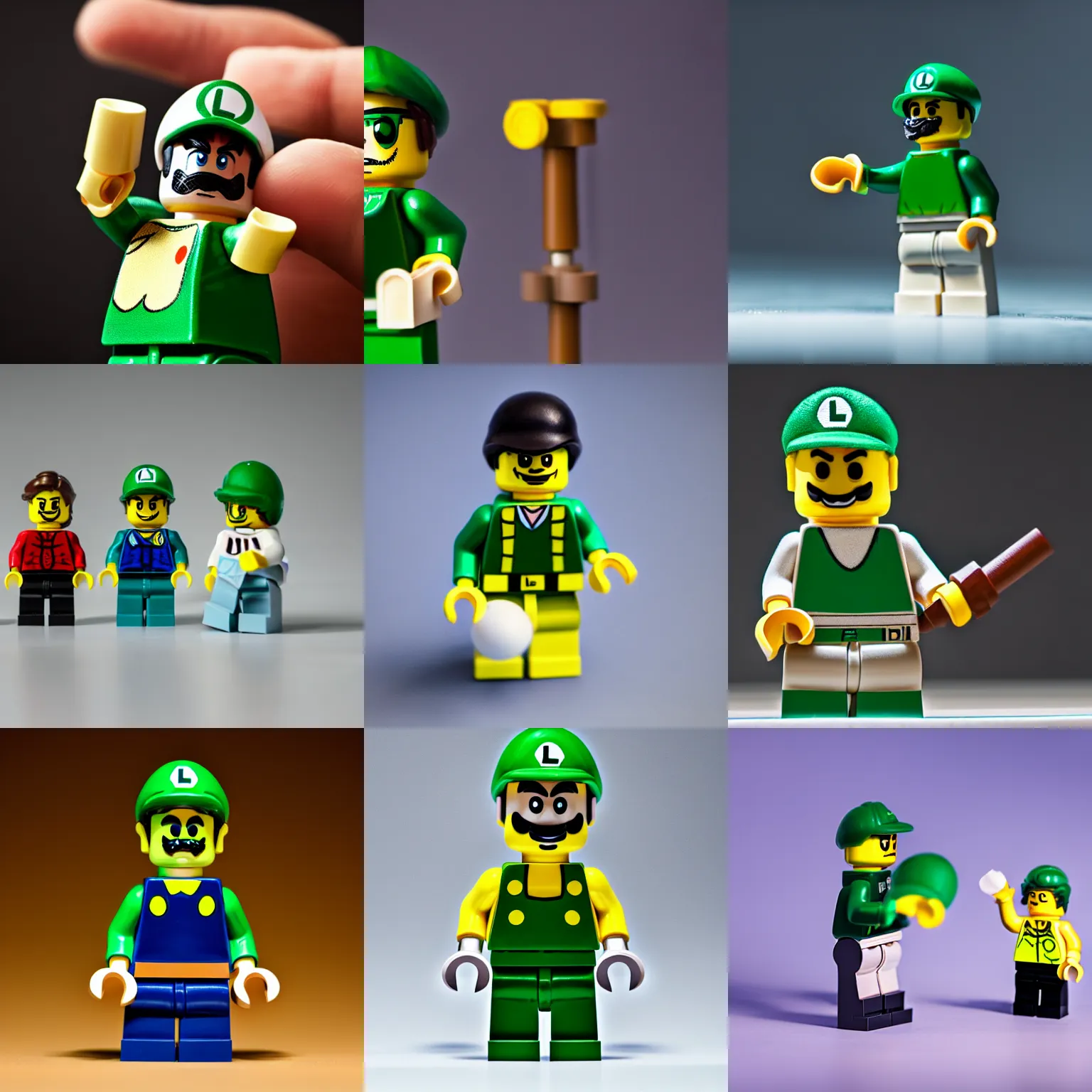 Prompt: lego figurine of luigi, studio lighting, macro lens, high quality