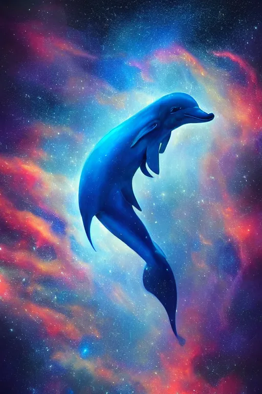 Image similar to Ethereal blue fire dolphin swimming through a nebula, Sirius star system, star dust, cosmic, magical, shiny, glow,cosmos, galaxies, stars, outer space, stunning, by andreas rocha and john howe, and Martin Johnson Heade, featured on artstation, featured on behance, golden ratio, ultrawide angle, hyper detailed, photorealistic, epic composition, wide angle, f32, well composed, UE5, 8k