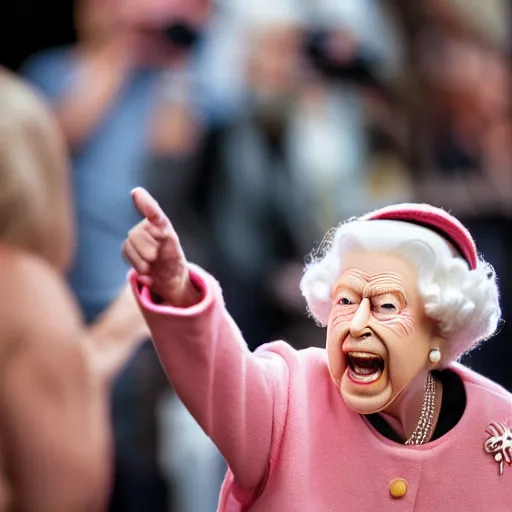 Prompt: elderly woman screaming at queen elizabeth ii as a 1 9 8 0 s wrestling action figure, canon eos r 3, f / 1. 4, iso 2 0 0, 1 / 1 6 0 s, 8 k, raw, unedited, symmetrical balance, wide angle