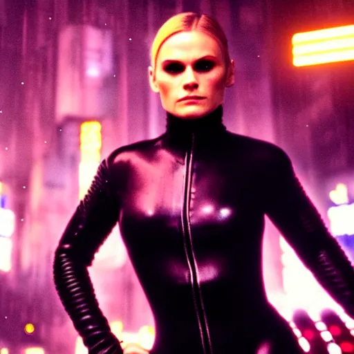 Image similar to anna paquin starring in a cyberpunk movie in a distopic futuristic city in the style of bladerunner, wearing a black catsuit, holding a gun, movie still, highly detailed, rainy night, volumetric lights, studio lighting, dramatic, scifi, sharp focus
