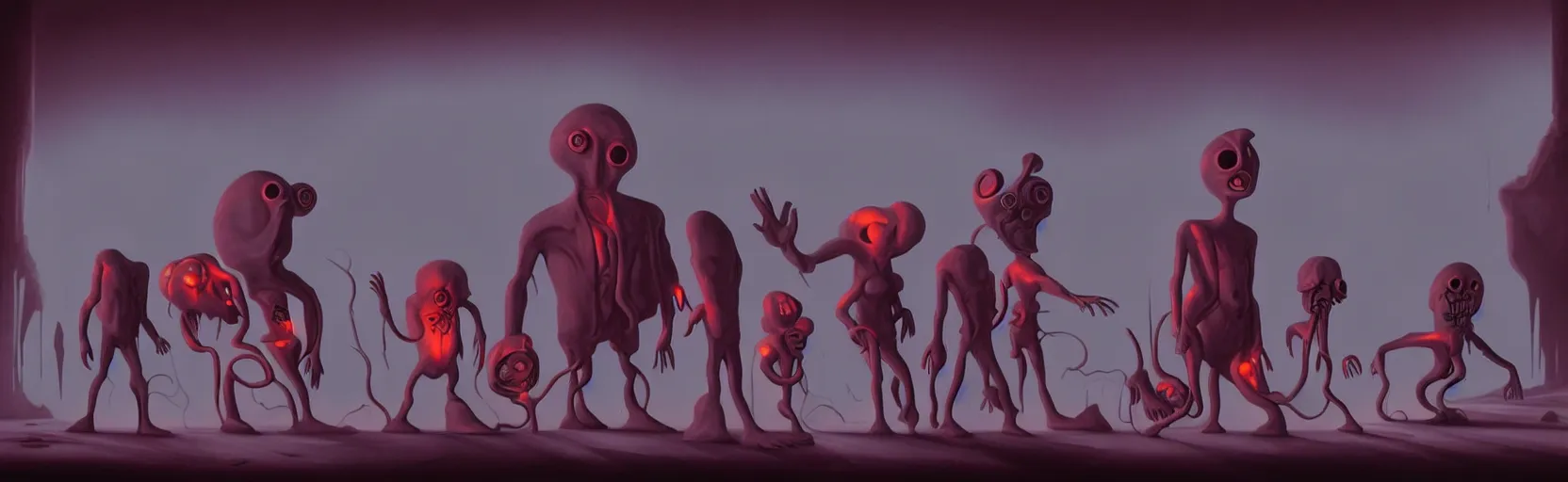 Image similar to uncanny repressed mutants from the depths of a vast wasteland in the collective unconscious, dramatic lighting, surreal dark 1 9 3 0 s fleischer cartoon characters, surreal painting by ronny khalil