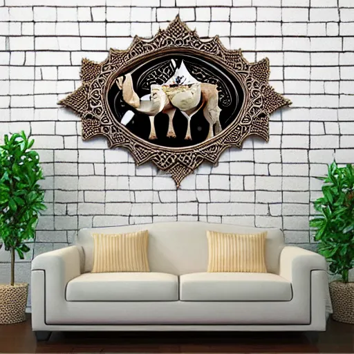 Image similar to gorgeous ornated 3 d printed realistic detailed sacred camel wall decoration with filigree