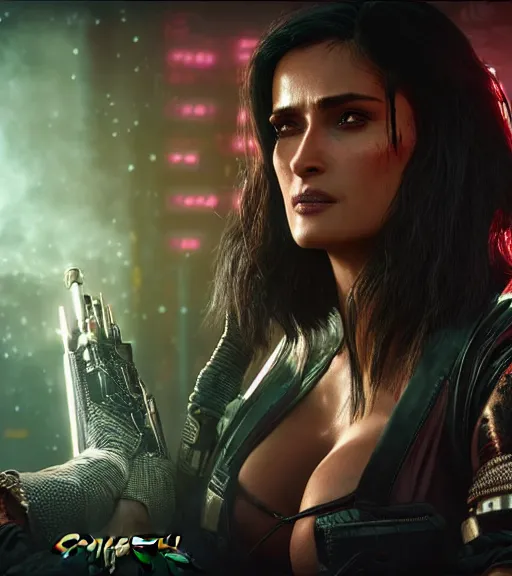 Image similar to cyberpunk 2 0 7 7, charismatic rugged female battle salma hayek - mage portrait, clothed in hooded, metal - plated battle armor atmospheric lighting painted intricate volumetric lighting, beautiful, sharp focus, ultra detailed by leesha hannigan, ross tran, thierry doizon, kai carpenter, ignacio fernandez rios