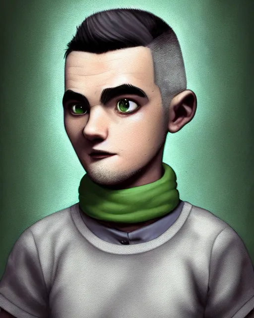 Prompt: An epic fantasy comic book style portrait painting of a charming and friendly young man , scientist, very expressive, buzz cut gray hair, round face, wearing a shirt with !horizontal green and gray stripes, using a microscope, character design by Mark Ryden and Pixar and Hayao Miyazaki, unreal 5, DAZ, hyperrealistic, octane render, cosplay, RPG portrait, dynamic lighting, intricate detail, summer vibrancy, cinematic