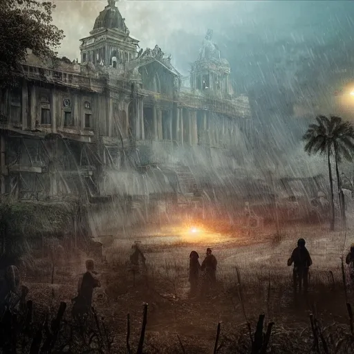 Image similar to Realistic art of zombie apocalypse in lost city, ultra detailed, photorealistic,8K,HD, sky light, foggy, police signals, peoples panic,