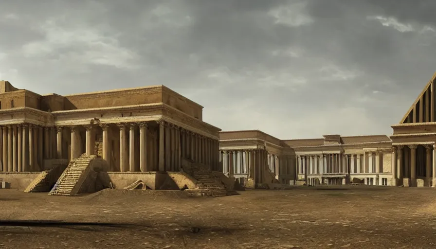 Prompt: 2 0 1 0 s movie still of a neoclassical palace made of pyramids, by piranesi, high quality, high detailed, rain