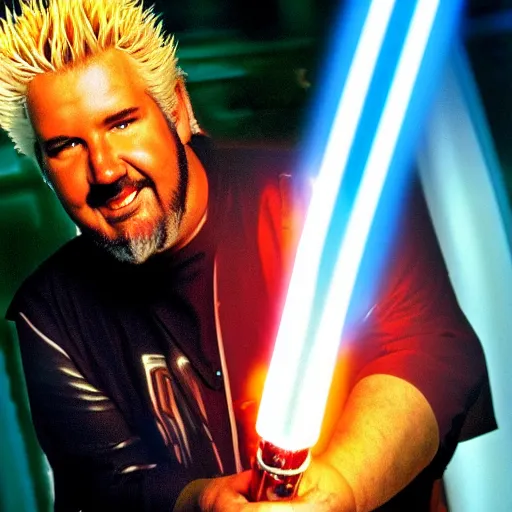 Prompt: Guy Fieri in Star Wars, Jedi Knight, blue light saber, cinestill 400t film, 35mm lens, by Stanly Kubrick, ultra high quality