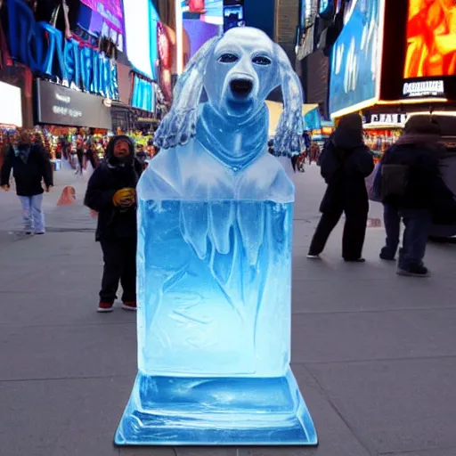 Prompt: realistic ice sculpture of snoop dog in times square, photorealistic, 8 k resolution, high detail