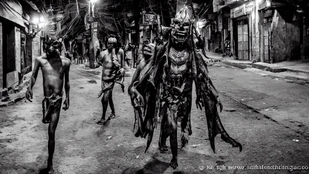 Image similar to khyah nepali demon roaming the streets of kathmandu at night, moonlight, scary looking