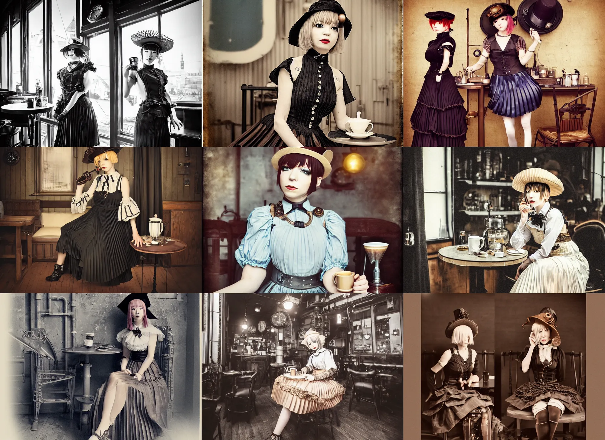 Prompt: full body portrait photo of reol wearing a elegant pleated steampunk dress, open top, wearing a cute hat, drinking coffee in a ( ( busy ) ) steampunk cafe interior, dim studio lighting, at night, ( ( photograph ) ), moody, realistic, detailed, low light, skin tinted a warm tone, light blue filter, victorian, 1 8 8 0 s