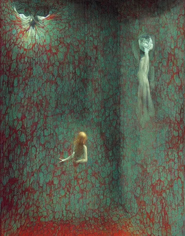 Prompt: interior of a small room, large floating glowing crystal tesseract!!!!!!!!!!!!!!!!!!, beksinski painting, part by adrian ghenie and gerhard richter. art by takato yamamoto. masterpiece, deep colours