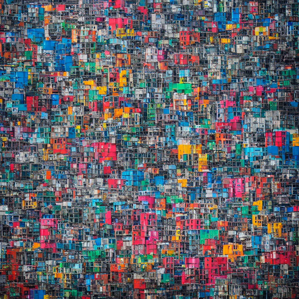 Image similar to two towers, made up of colourful makeshift squatter shacks, large vertical blank spaces, dystopia, sony a 7 r 3, f 1 1, fully frontal view, photographed by jeanette hagglund