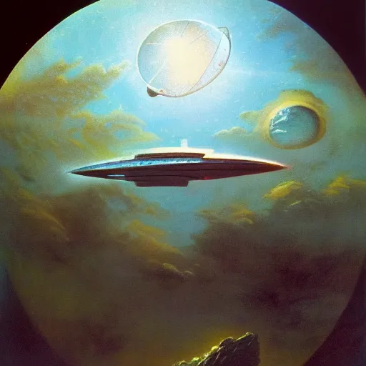 Prompt: a gustave dore style spaceship, 1 9 8 0 s sci - fi, oil on canvas, smooth, sharp focus, vibrant volumetric natural light.