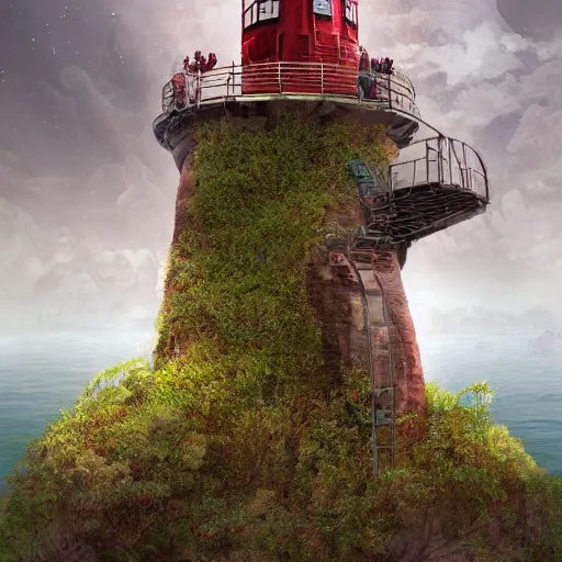 Prompt: red orangutan as doctor who climbing on the unstable lighthouse, beautiful, realistic, atmosphere, vibe, forest, lot of trees, fern, flowers, concept art illustration, color page, tone mapping, akihiko yoshida, james jean, andrei riabovitchev, marc simonetti, digital illustration, greg rutowski, volumetric lighting, sunbeams, particles