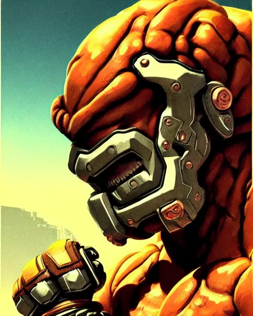 Image similar to doomfist from overwatch, aggressive expression, elegant, leopard print, character portrait, portrait, close up, concept art, intricate details, highly detailed, vintage sci - fi poster, retro future, in the style of chris foss, rodger dean, moebius, michael whelan, and gustave dore