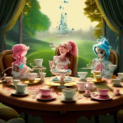 Image similar to wonderland tea party, highly detailed, 4k, HDR, award-winning, artstation, octane render