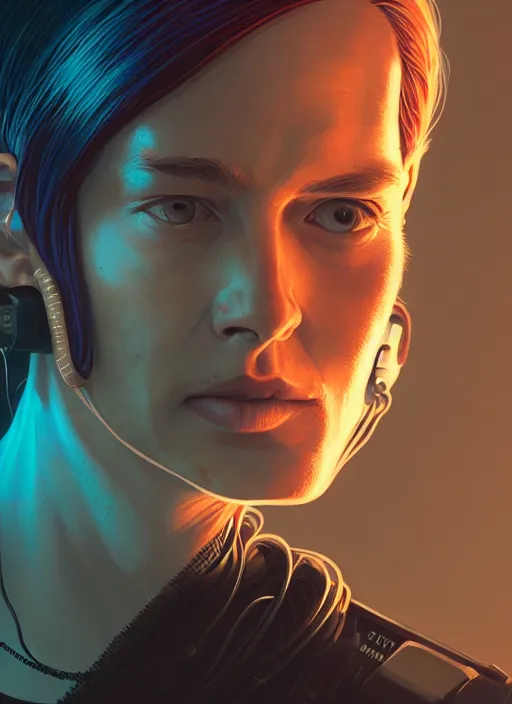 Image similar to highly detailed portrait of a cyberpunk sci - fi hacker, wires connect to the head, stephen bliss, unreal engine, greg rutkowski, loish, rhads, beeple, makoto shinkai and lois van baarle, ilya kuvshinov, rossdraws, tom bagshaw, alphonse mucha, global illumination, detailed and intricate environment