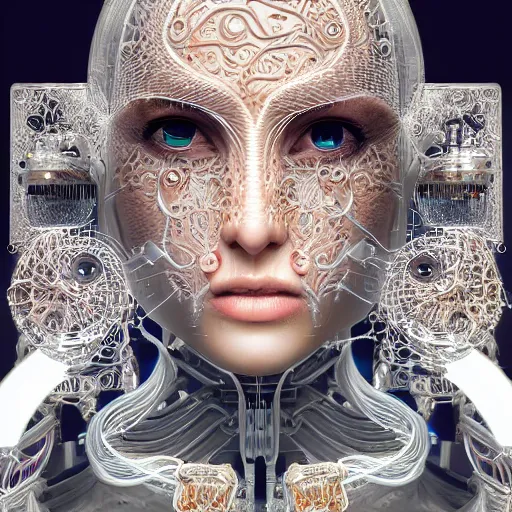 Image similar to woman integrating with technology, full face, insipiring, detailed intricate ornate cables connected to head, big open electric eyes, luxurious detailed abundent wiring and implants, diamonds, sci-fi, neon, emeralds, detailed technology full background, highly detailed, artstation, Rene Lalique and Eddie Mendoza