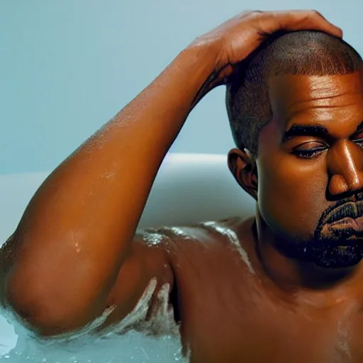 Image similar to Kanye West taking a bath in a bathtub full of bananas, 4k, detailed face, high detail