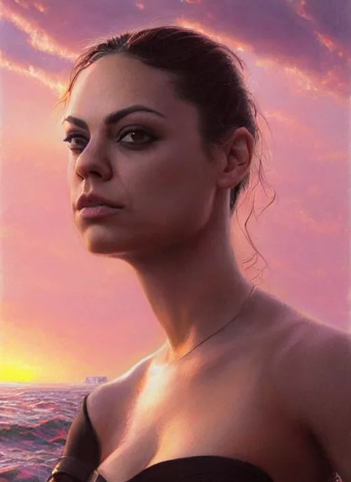 Image similar to Mila Kunis wearing black choker, epic portrait of a very strong muscled Amazon heroine, sun beams across sky, pink golden hour, stormy coast, intricate, elegance, highly detailed, shallow depth of field, epic vista, concept art, art by Artgerm and Donato Giancola, Joseph Christian Leyendecker