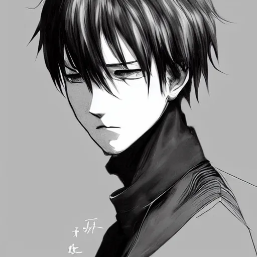 Image similar to Levi Ackerman, elegant, 2d, ultra highly detailed, digital painting, smooth, sharp focus, artstation, black and white art by Takehiko Inoue, by Tsutomu Nihei